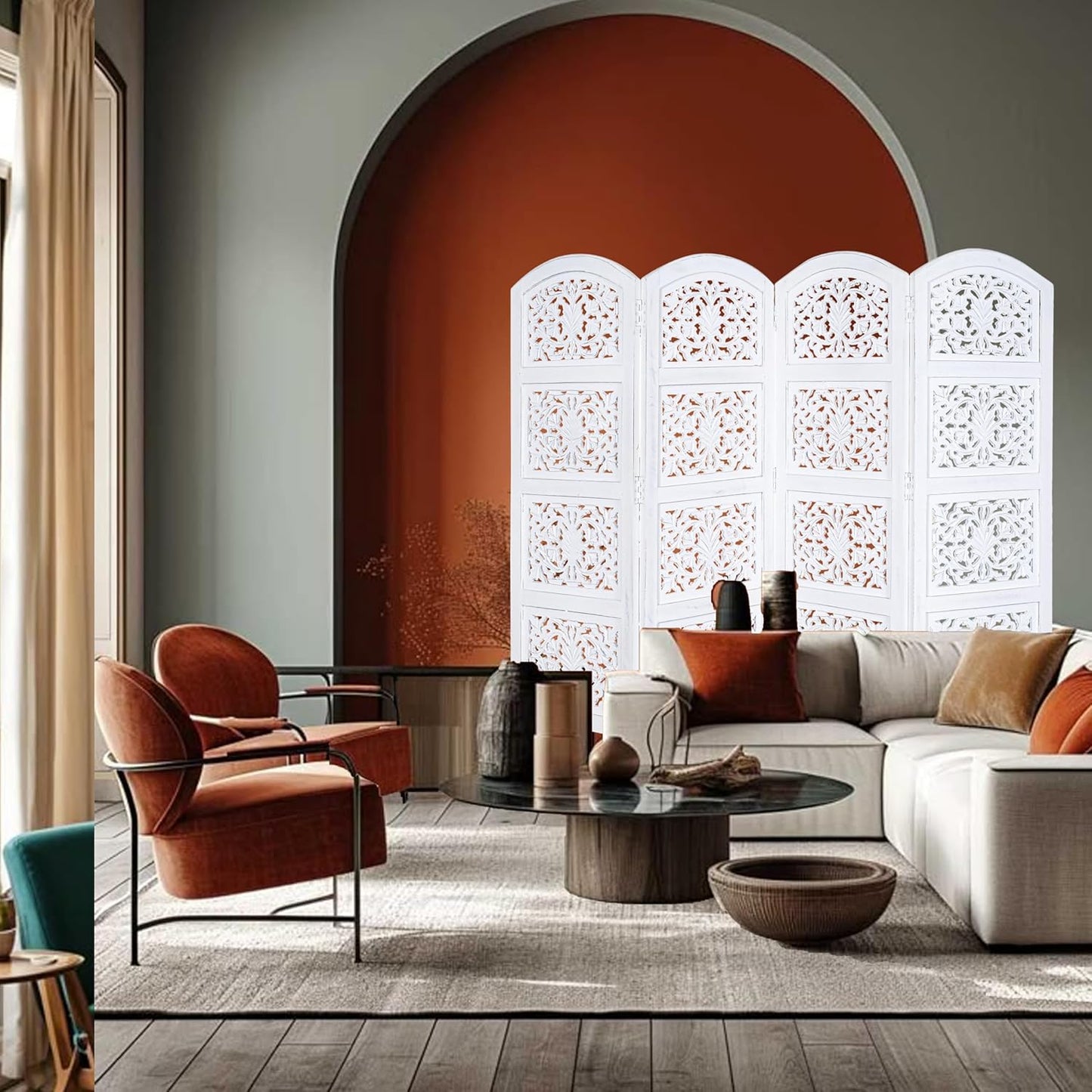 Room Divider Wood Screen Panel – White, 4-Panel Folding 64"x48", Hand-Carved, Reversible Privacy Partition, Decorative & Functional Portable Room Divider for Home or Office