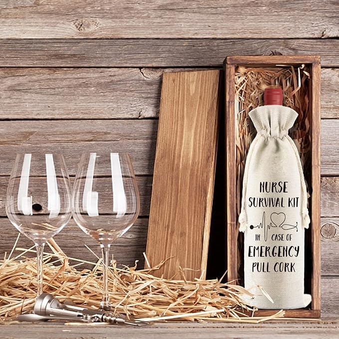 PLIGREAT 4 Pcs Cotton Linen Wine Bags, Reusable Wine Gift Bags with Drawstrings, Wine Bottle Bags Bulk Congrats Gifts Bags for Nurses Thanksgiving Christmas Gifts Bags, Fun Quotes Wine Bag