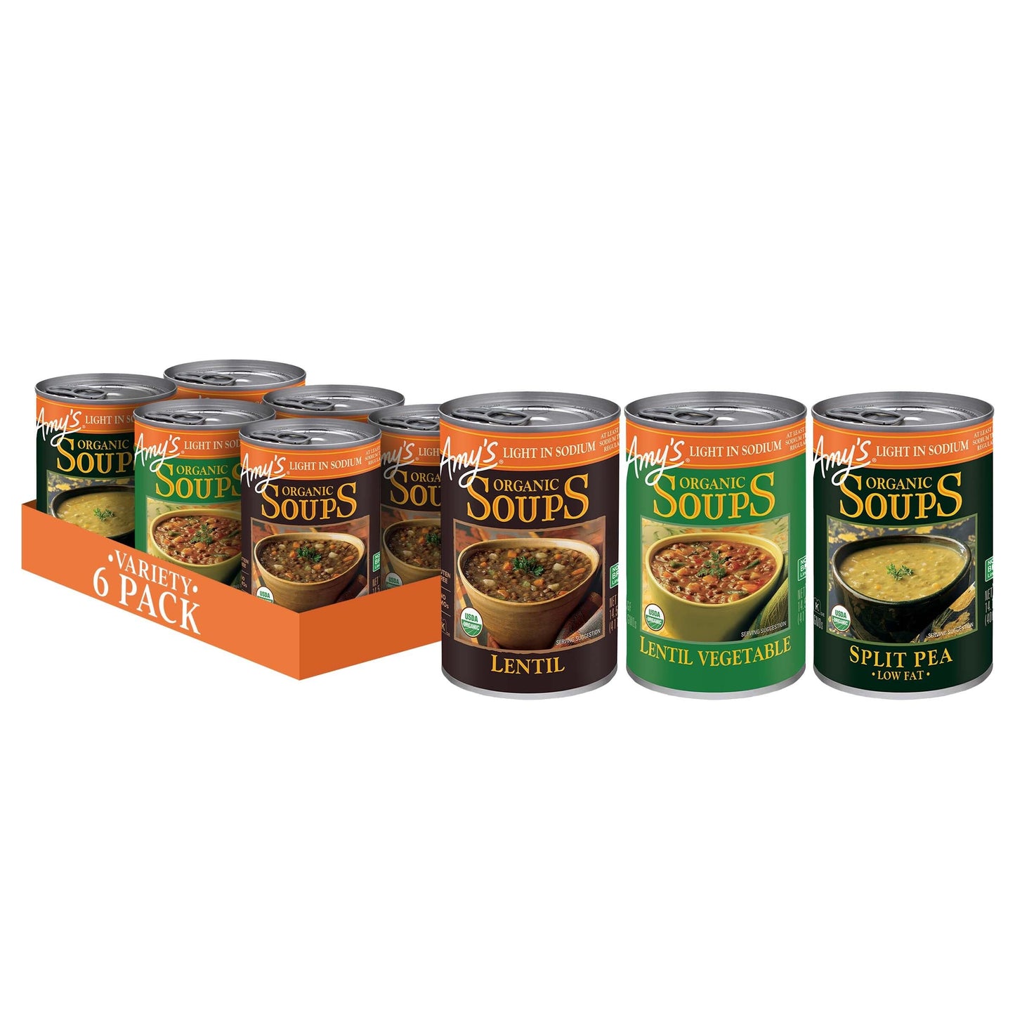 Amys Soup, Organic Light in Sodium Variety Pack, Vegetable, Split Pea and Lentil Canned Soup, Made With Organic Vegetables, Pac