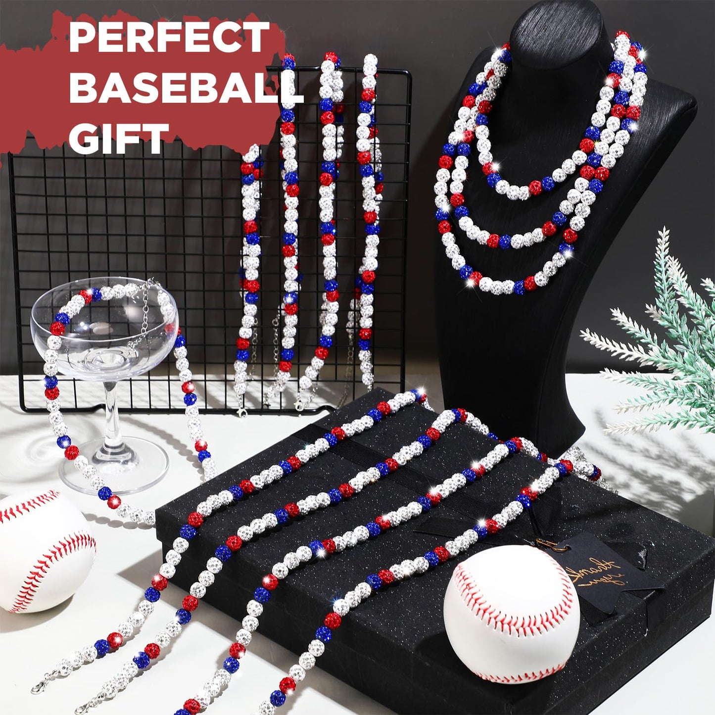 Landical 12 Pcs Bling Baseball Necklace Ice Beaded Baseball Necklace Cool Gifts Bulk for Team Players Lovers Fans(White,Red,Blue