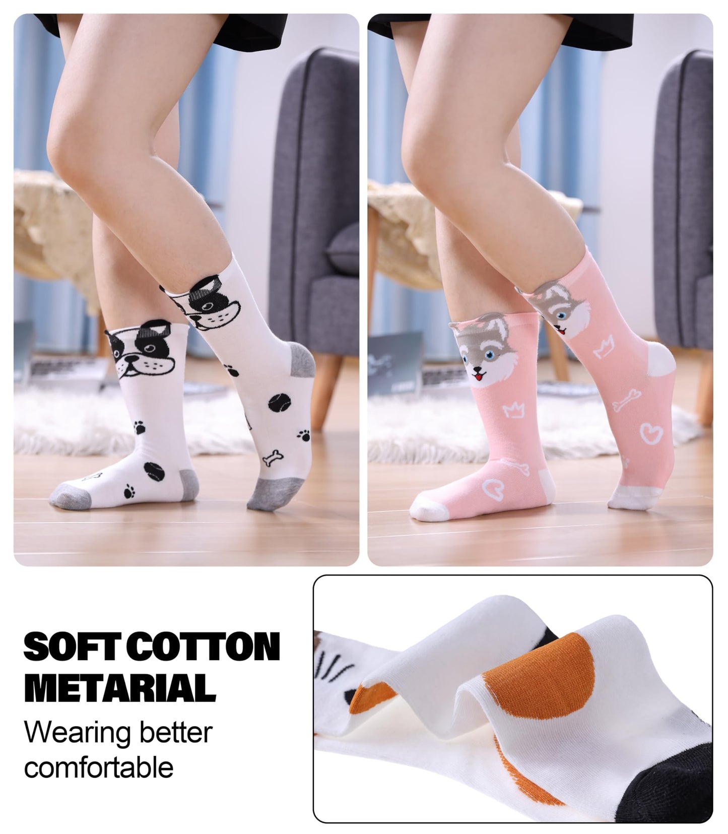 SDBING Womens Cat Socks Cute Gifts Animal Soft Breathable Thin Cotton Casual Crew Socks 5 Pairs (Dog, 6-10)