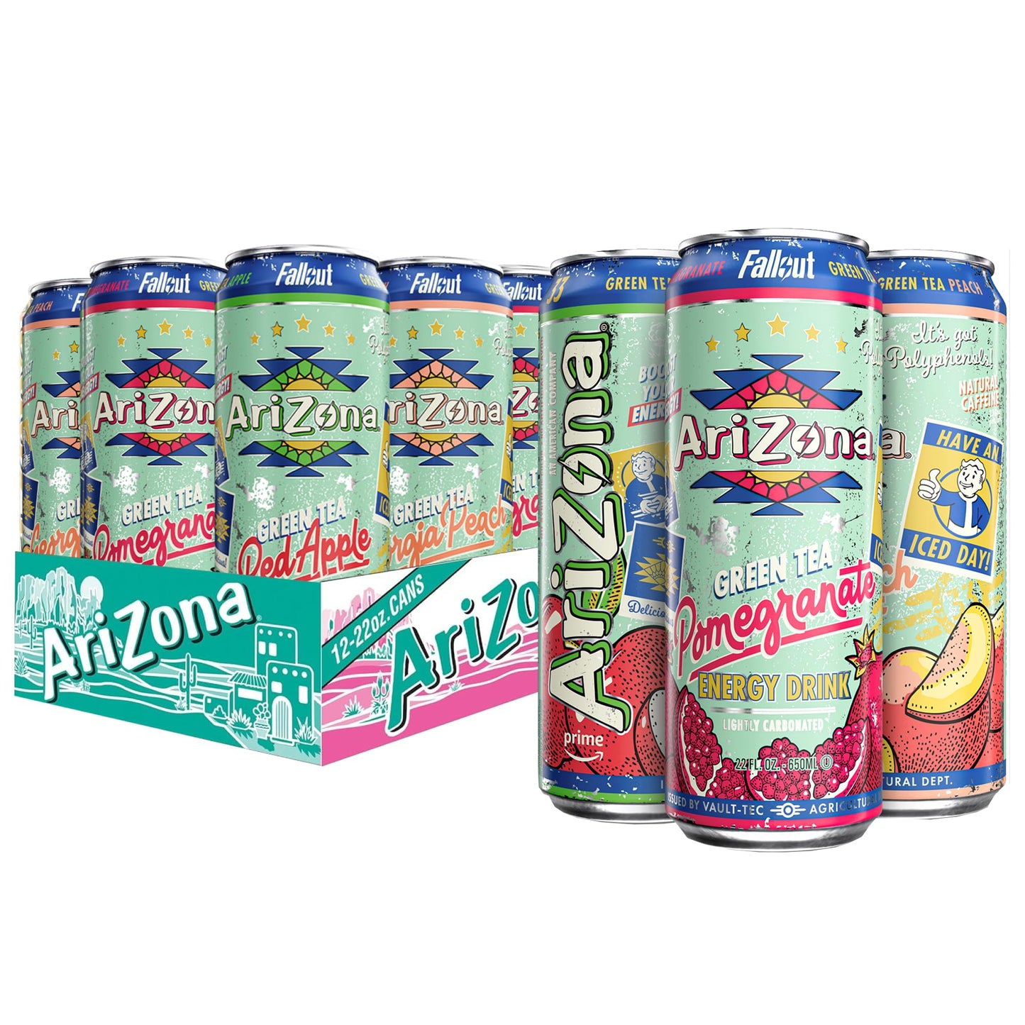 AriZona x Fallout Green Tea Energy Drink 12pk 22 fl oz Variety Pack - 3 Flavors Red Apple Green Tea Georgia Peach Green Tea Pomegranate Green Tea - 234mg Natural Caffeine per Can