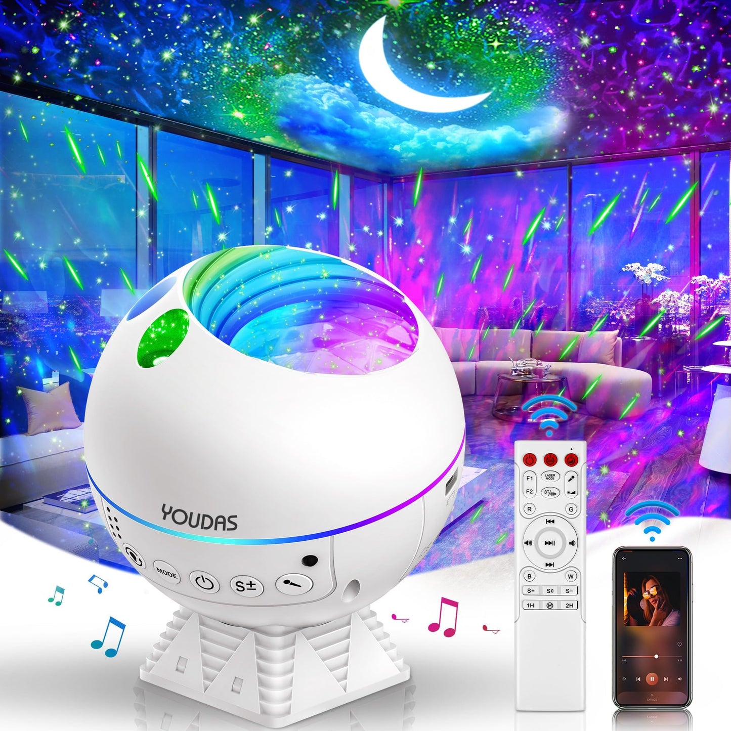 Star Projector Night Light with 43 Colors, Bluetooth Speaker with Changing LED, Remote Control, Timer, Moon & Nebula Projector,