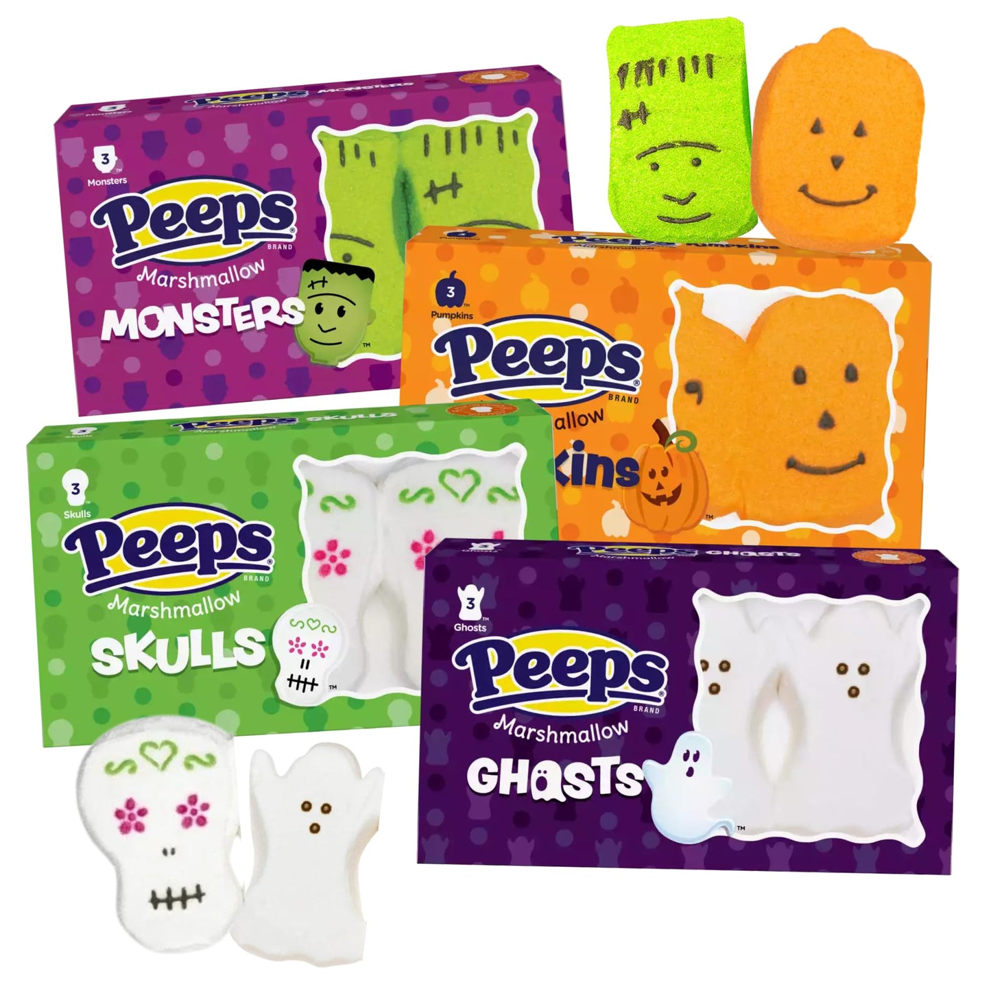 Needzo Monster Pumpkin Sugar Skulls and Ghost Peeps Marshmallows Halloween 2025 Assorted Character Marshmallow Candies (Pack of 4) 12 Pieces Total