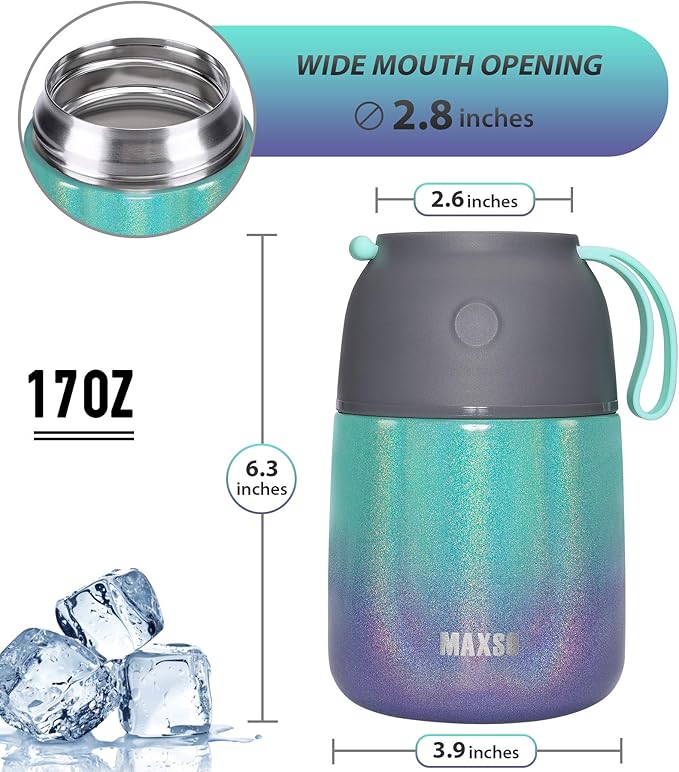 Itslife Insulated Thermo Food Jar for Hot & Cold Food for Kids Adult, 17 oz Soup Thermal Hot Food Containers for Lunch, Triple Layer Insulation Stainless Steel Food Jar with Spoon (Rainbow)