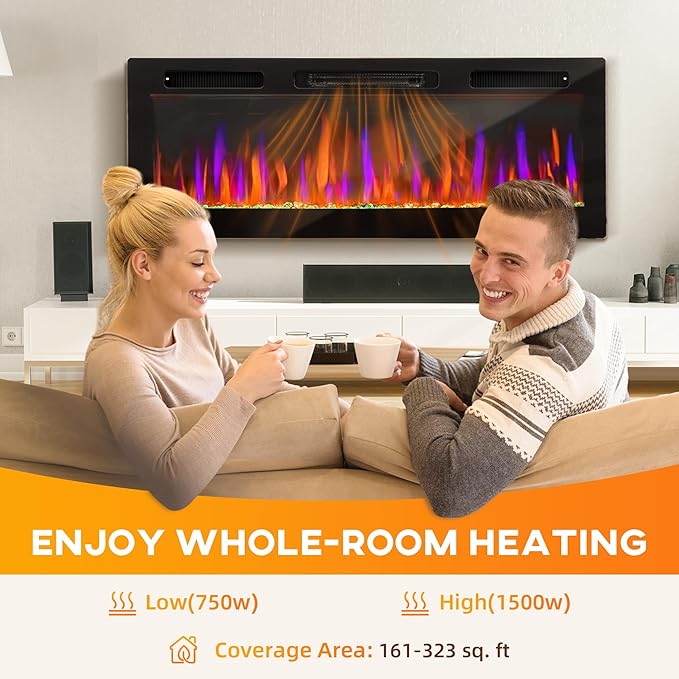 HOMCOM 50" Electric Fireplace Recessed and Wall Mounted with Remote, 750W/ 1500W Ultra-Thin Fireplace Heater and Linear Fireplace with Timer, 12 Color Flame Effect, Crystal, Black