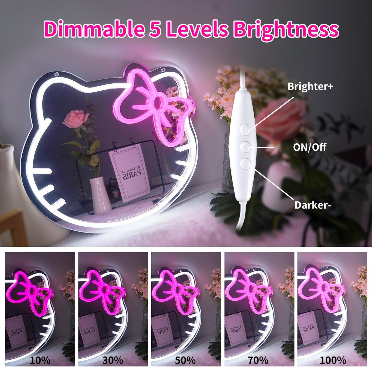 Aslanka LED Cat Mirror Neon Sign, Dimmable USB Powered, 14x12in Acrylic, Cute Kitty Wall Decor