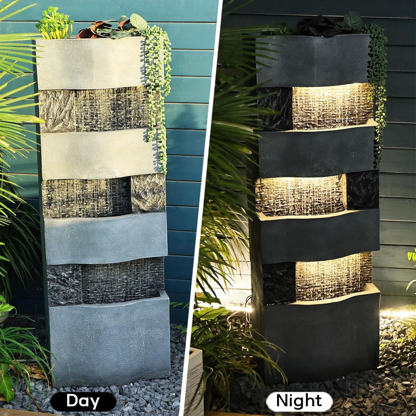 40.5''H Garden Water Fountain Outdoor,4 Tiered Floor Standing Waterfall Outdoor Fountains with LED Lights for Garden, Patio, Backyard, Deck, Porch and Home Art Decor