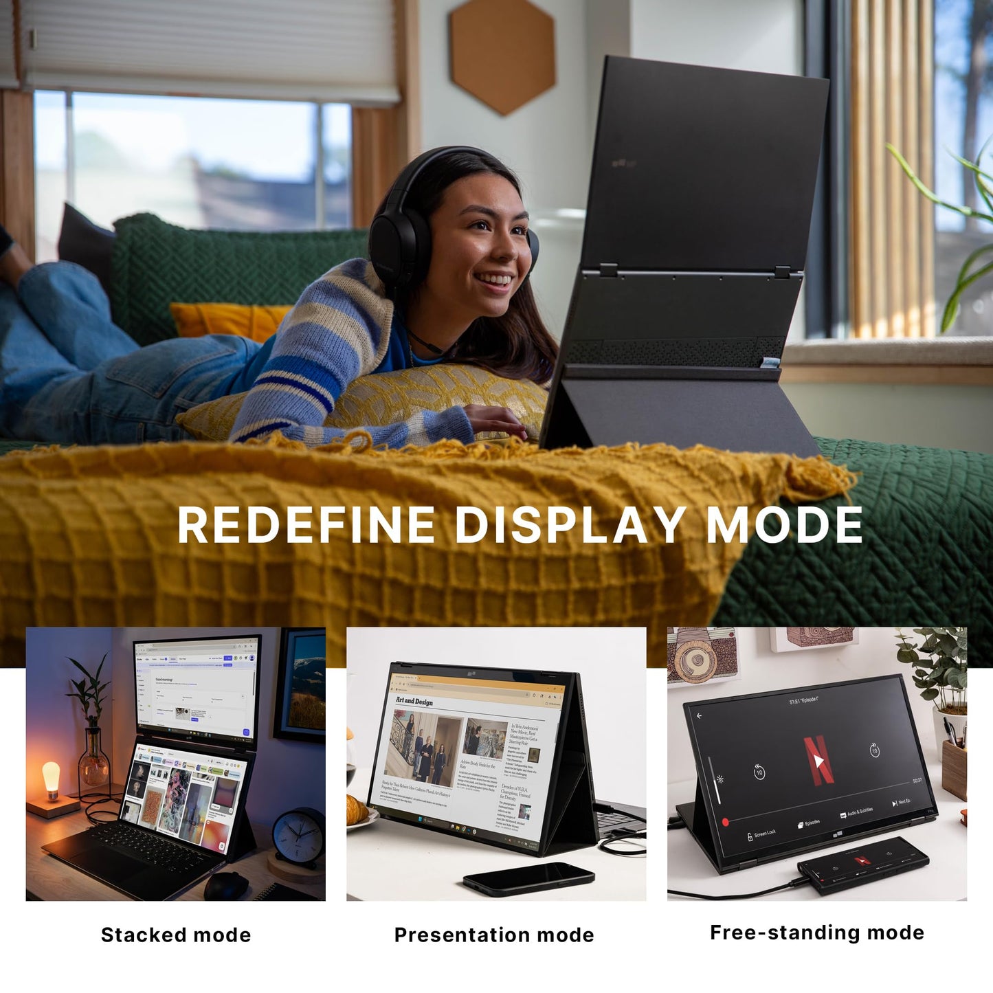 New Mobile Pixels Duex Float 2.0 Portable Stacked Monitor, FHD IPS 15.6" Laptop Screen Extender (Built-in Kickstand), USB C/HDMI Monitor Extender with Dual Speakers, Windows, MacOS, Switch, Android