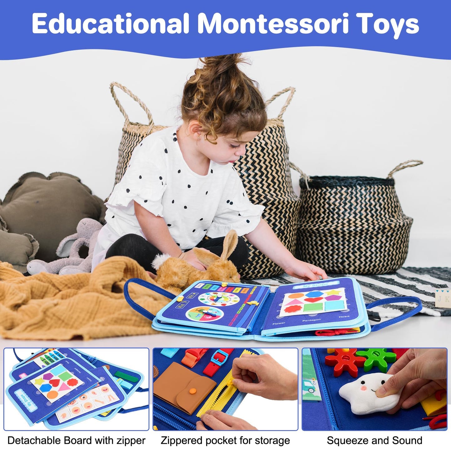 TOYSYM Toddler Busy Board Montessori Toys, Sensory Toys for 1 2 3 4 Year Old Boy, Busy Book Travel Educational Activities for Learning Fine Motor Skills Birthday Gifts (Blue Dinosaur/P10)