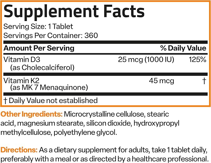 Bronson Vitamin K2 (MK7) with D3 Lower Dose 45mcg Vitamin K2 & 1000 IU Vitamin D3 Easy to Swallow Daily Maintenance 2 in 1 Formula Non-GMO, 360 Mini Tablets