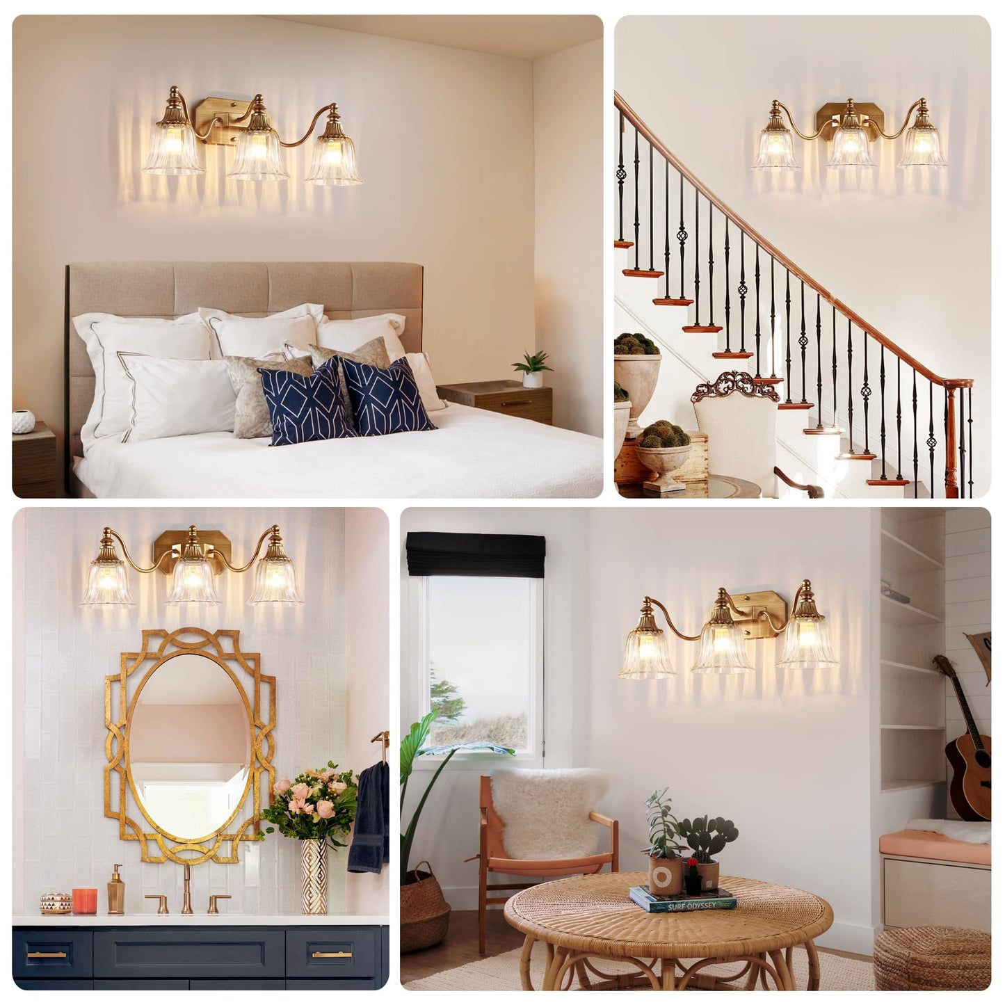 Dvmteom Gold Vintage Bathroom Light Fixtures 3-Lights Bathroom Vanity Light Antique Brushed Gold Lighting Fixtures Over Mirror With Crystal Glass Shade Wall Sconce Lighting