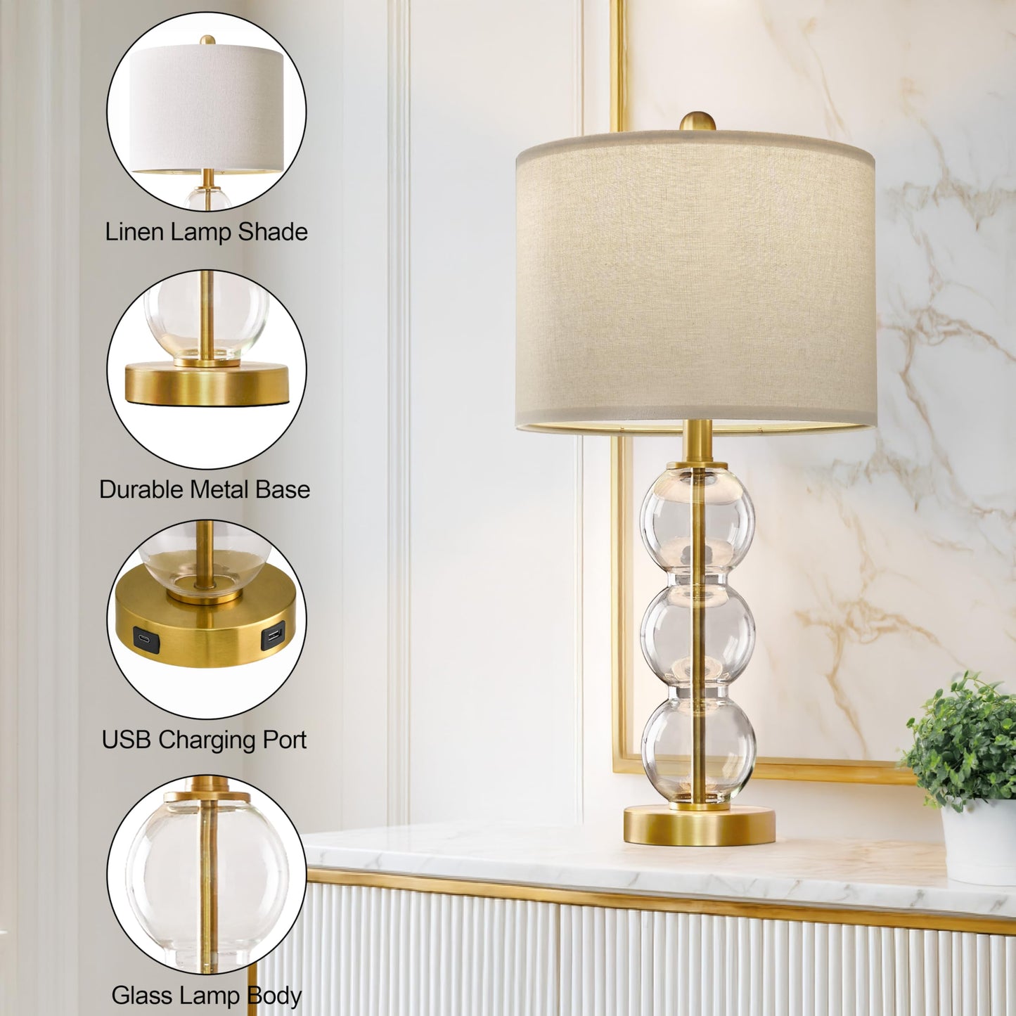 Oneach 24in Glass Table Lamps Set of 2, Gold, USB Ports, Linen Shade, Model OYS-AMZ-T1123GL-U