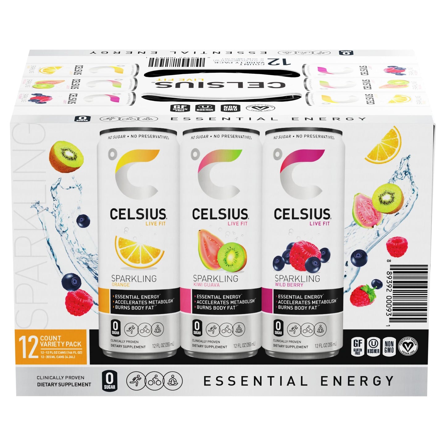 CELSIUS Sparkling Variety Pack (Orange Wild Berry Kiwi Guava - 12 pack