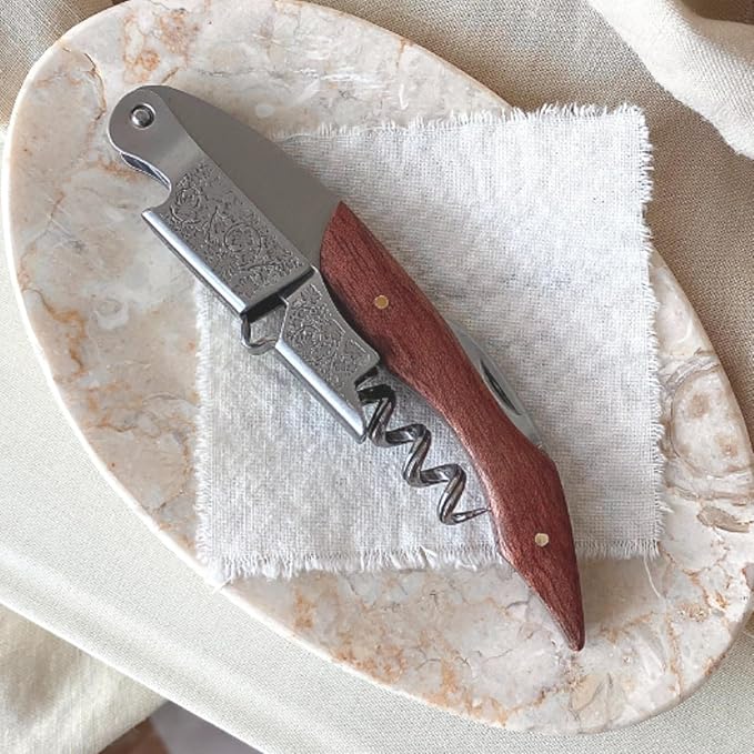 Professional Wood Grapevine Pattern Sommelier Knife With Beige Leather Wine Keyring with Ergonomic Wood Grip, Beer Bottle Opener Foil Cutter Waiters Corkscrew Wine Opener
