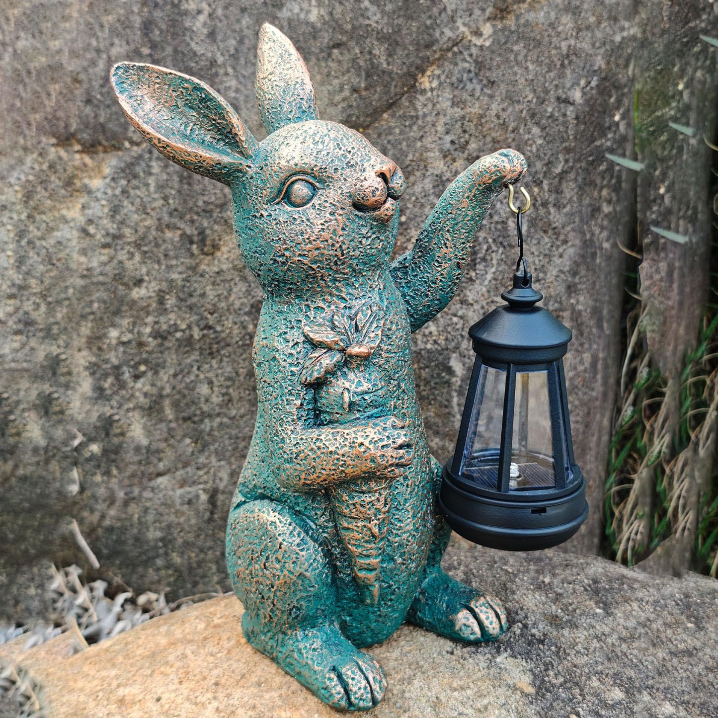 Solar Garden Statues -Rabbit Lantern Outdoor Handmade Resin Statue With Led Light Cute Carrot Holder For Patio Yard Gift Ideas (Rabbit2)
