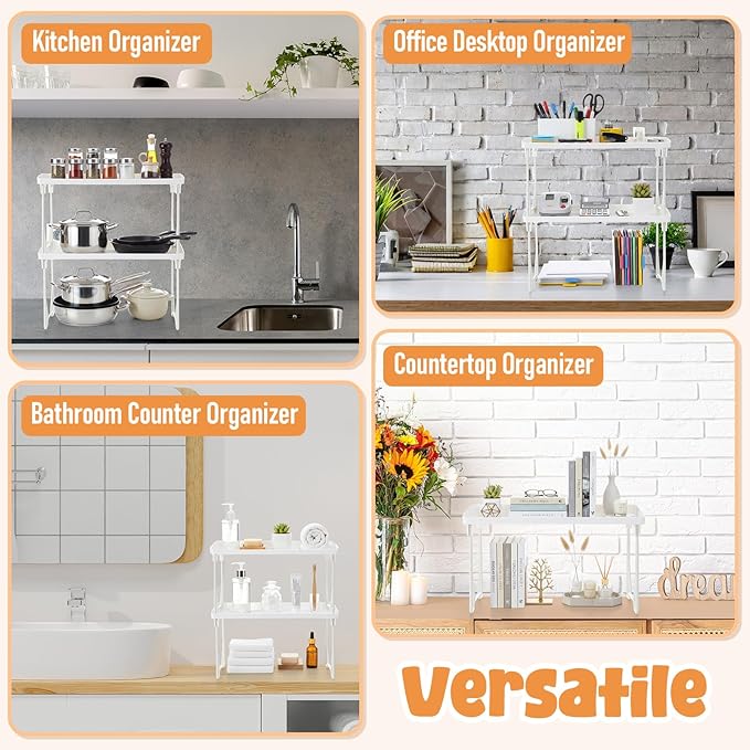 6 Pack Stackable Plastic Kitchen Storage Shelf Foldable Racks, Pantry Shelf Cabinet Organizers, Expandable Storage Rack for Cabinet Fridge Bathroom (12.4 X 7.6 x 6.3,White)