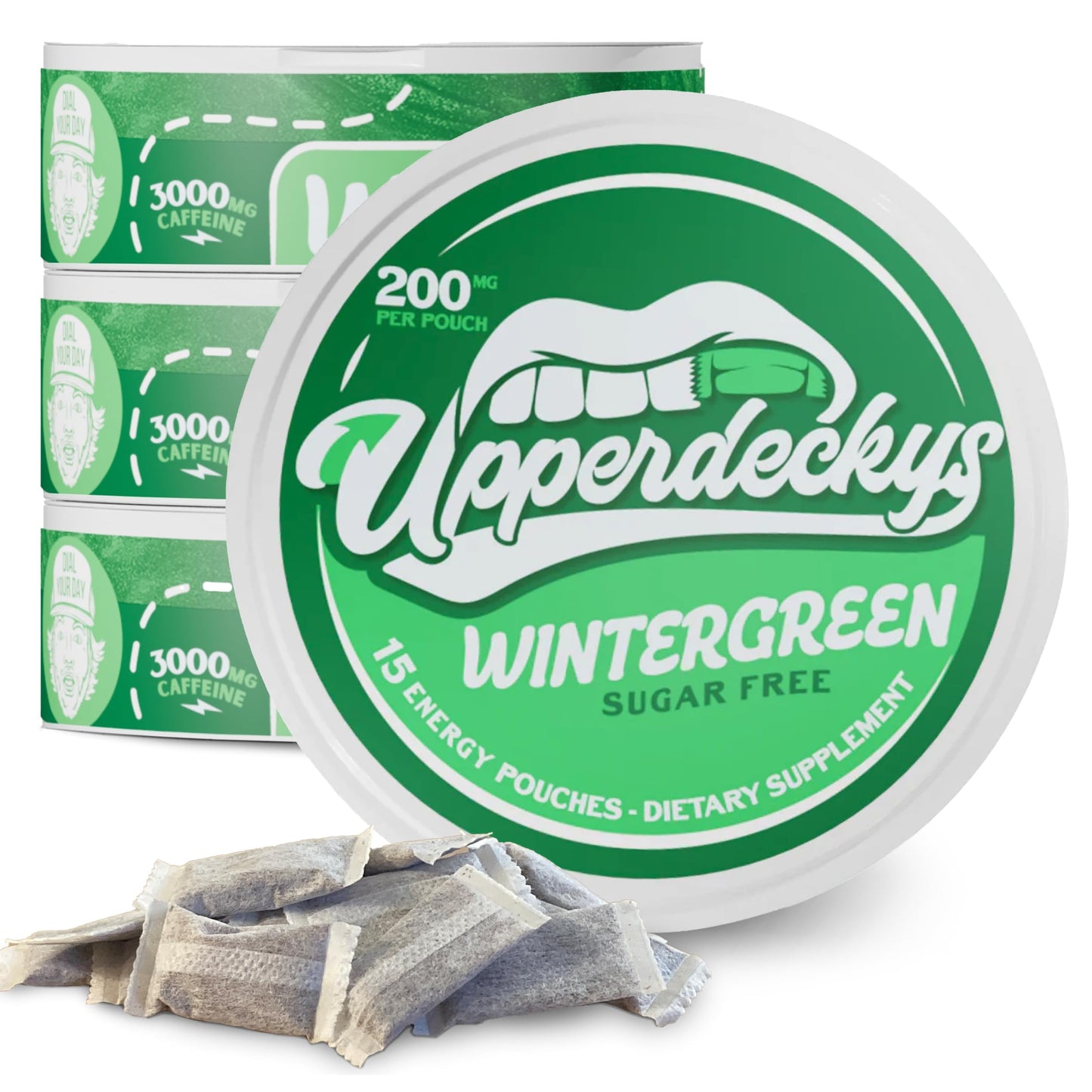 Upperdeckys Cool Wintergreen Caffeine Energy Pouches - Free Replacement or Alternative for Focus and Energy - Sugar Free Nootropic Pouches Made in the USA & Delicious Flavor (4-Pack 200mg)