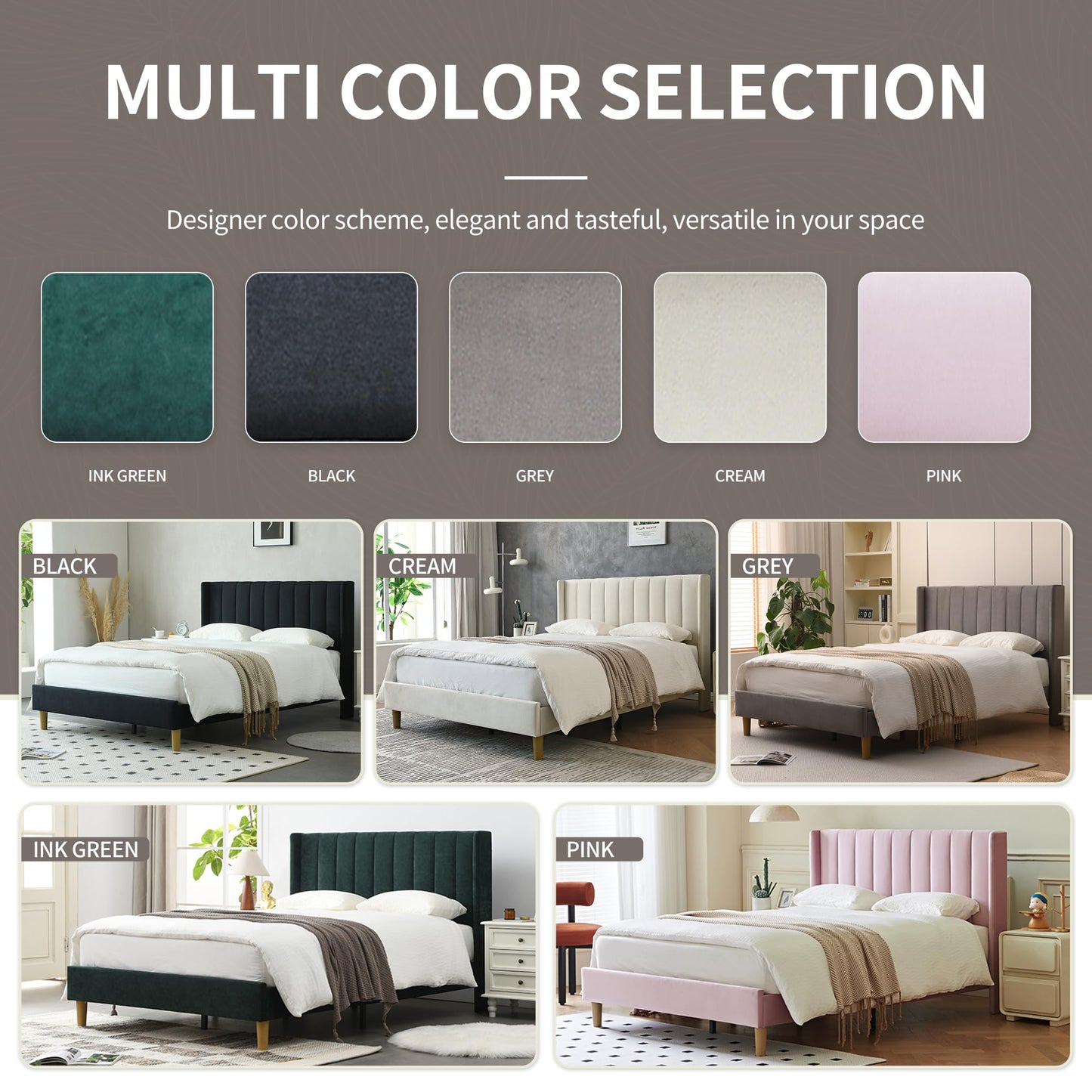 YUHUASHI upholstered Platform Bed Frame/Full Bed Frame/Modern Geometric Double-Wing Design headboard/Linen Fabric/Easy to Assemble no Noise (Black, Full)