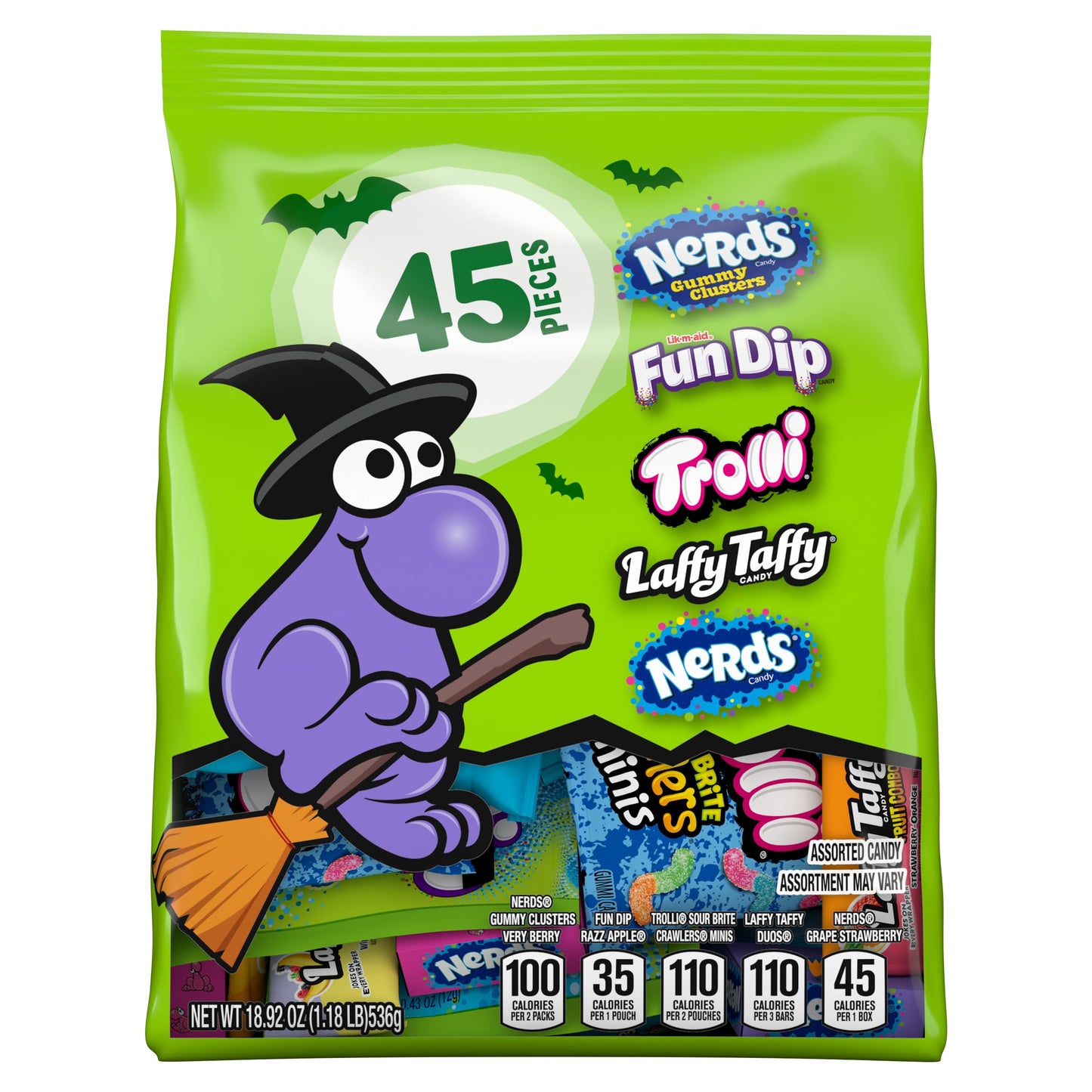 Halloween Candy Variety Seekers Trick-or-Treat Variety Bag NERDS Gummy Clusters Fun Dip Trolli Laffy Taffy and More 45ct 18.9oz