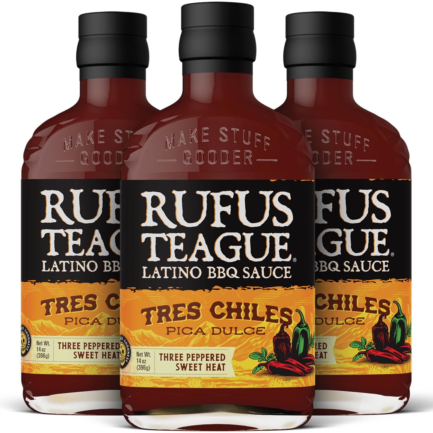Rufus Teague Tres Chiles Pica Dulce BBQ Sauce with Sweet Heat 3 Pack enhanced Barbecue Sauces with Natural Ingredients Award-Winning Bold Flavor Gluten-Free Non-GMO 14 oz
