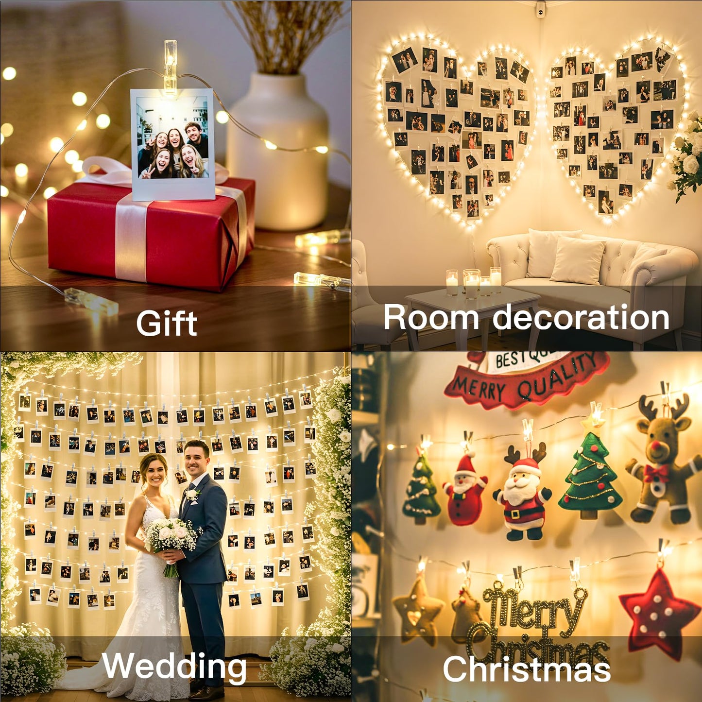 SUDDUS Fairy Lights 16ft 50LED, Warm White, Battery/USB Operated, Photo Clips, Remote Control, Waterproof for Indoor Outdoor Decor