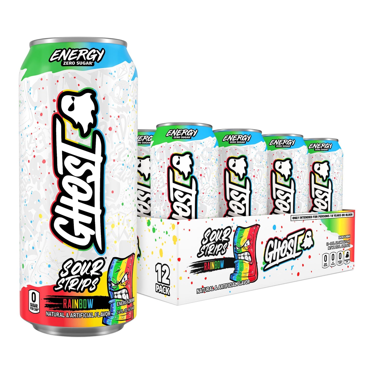 GHOST Energy Drink - 12-Pack Sour Strips Rainbow 16oz Cans - Energy & Focus & No Artificial Colors - 200mg of Natural Caffeine L-Carnitine & Taurine - Gluten-Free & Vegan