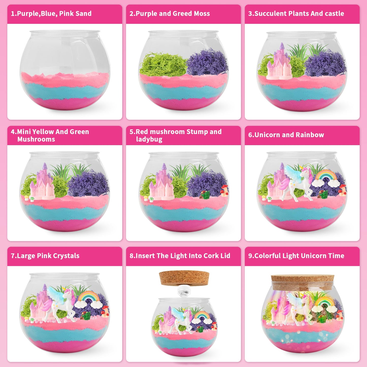 Unicorn Light-Up Terrarium Kit Toys For Kids - Not Fragile - Led Birthday Gift For Girls Ages 4 5 6 7 8-12 Year Old - Unicorn Toys For Girls - Diy Arts And Craft Kits With Stickers (Round)
