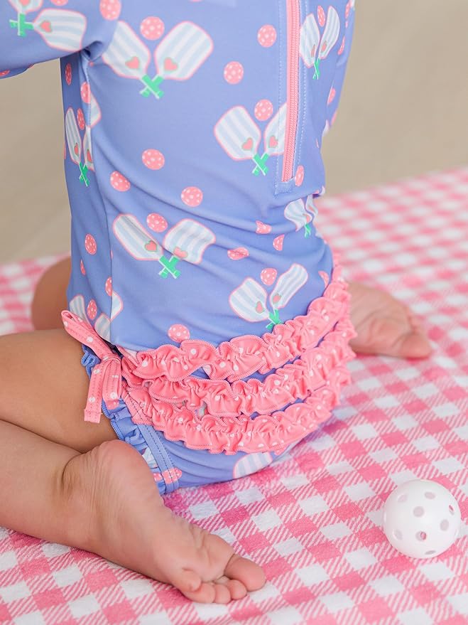 RuffleButts Baby Girls UPF 50+ Sun Protection Novelty Print Long Sleeve One Piece Rash Guard Swimsuit with Zipper