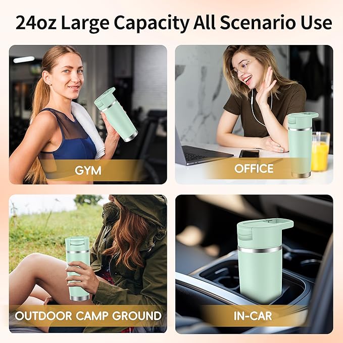 Portable Blender for Smoothies&Shakes 24oz Insulated Cup Cordless, Personal Small Licuadora Portatil With Stainless Steel Bottle, USB-C Rechargeable Travel Blender, BPA Free, for Juicing(Green)