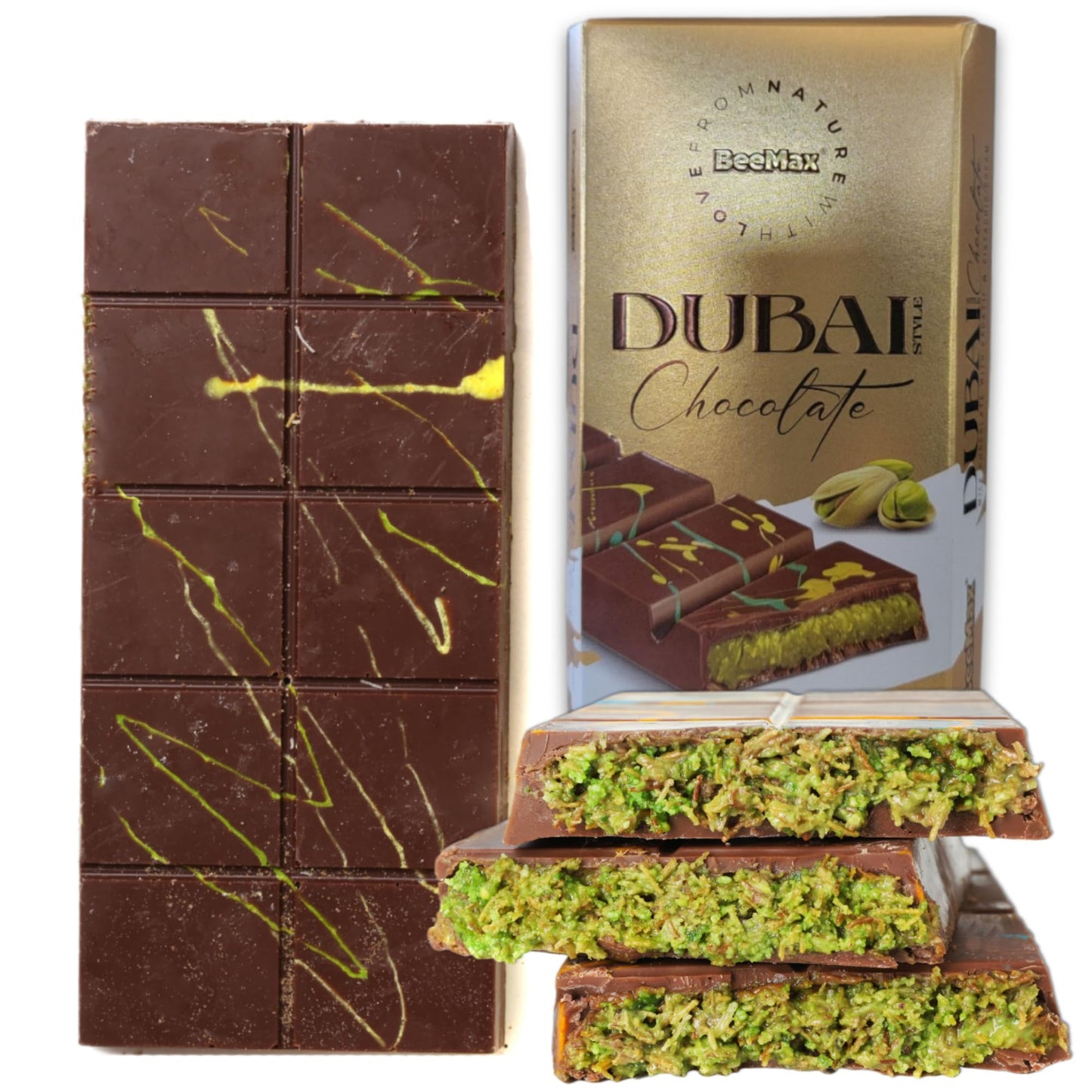 Authentic Dubai-Style Chocolate Bar | 7 oz of elegant Middle Eastern Indulgence | enhanced Milk Chocolate Golden Kadayif Crisps Velvety Tahini & Hand-Harvested Pistachios - Imported from Turkey