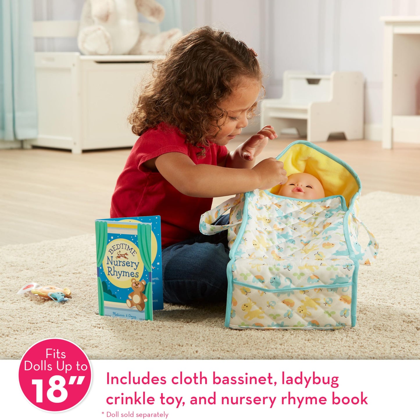 Melissa & Doug Mine to Love Bassinet Play Set Portable Carrier for Dolls with Crinkle Toy, Nursery Rhyme Book