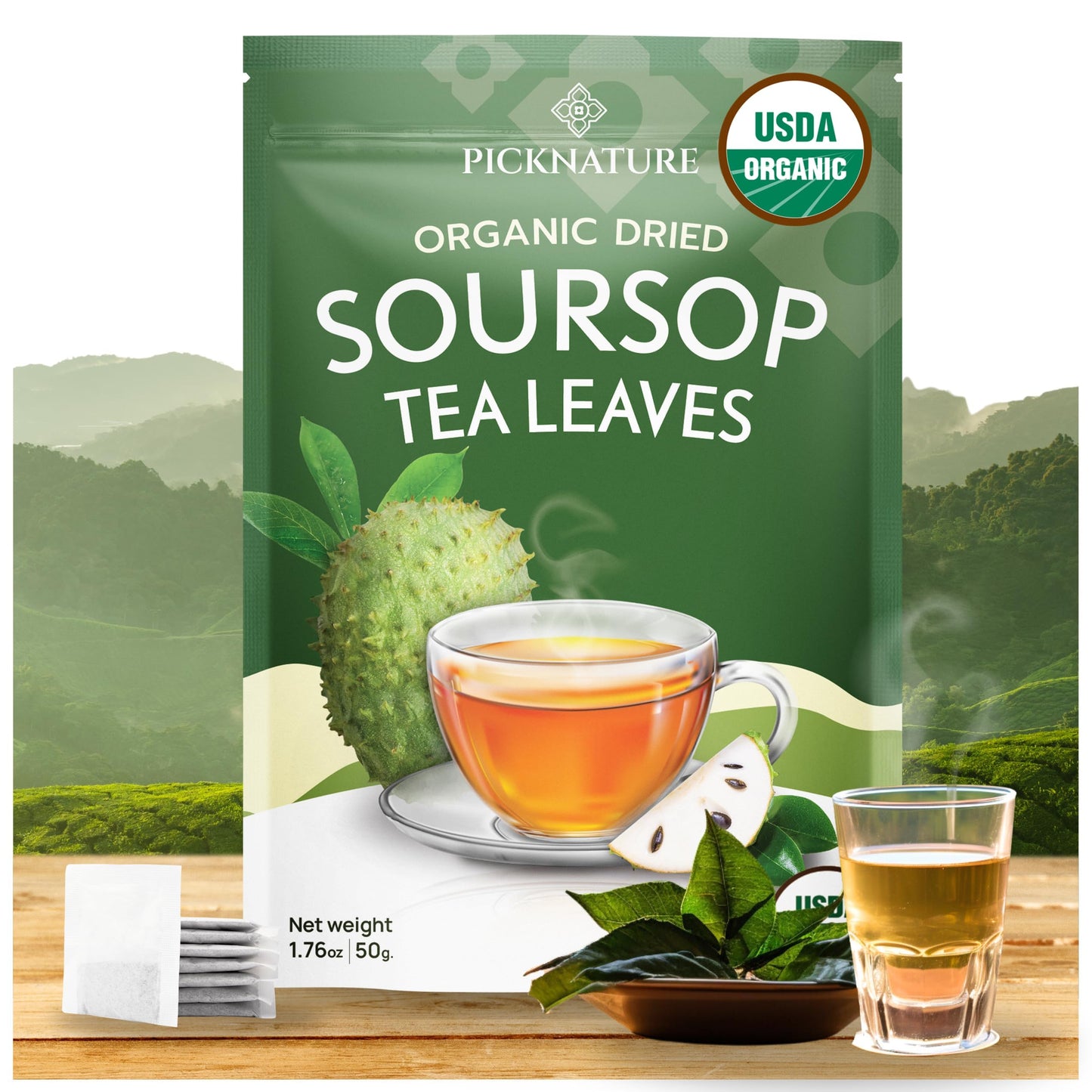 PICKNATURE Organic Dried Soursop Leaves | Antioxidant Herbal Tea Caffeine-Free | Supports Digestion Immunity & Detox | 1.76oz (100+ Cups)