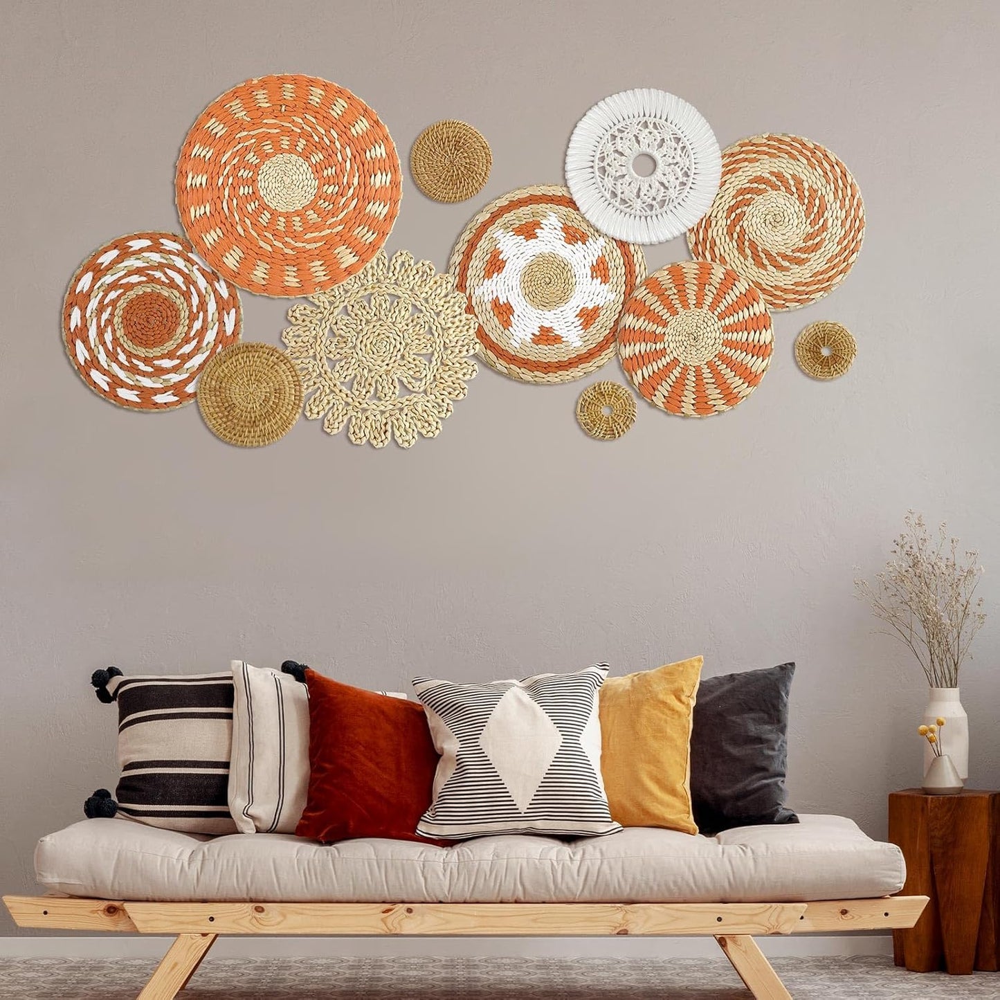 Tatuo 11 Pcs Boho Wall Basket Decor Decorative Bulrush Woven Basket Wall Decor Art Round Farmhouse Hanging Baskets for Kitchen Rustic Home Summer Decorations, Multi Sizes(Delicate)