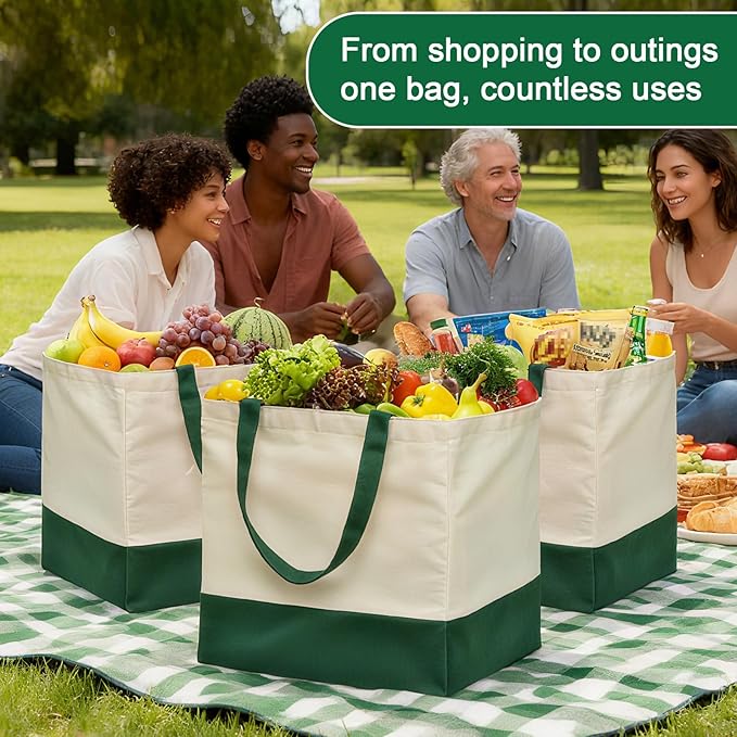 3 Pcs Reusable Grocery Bags - Heavy Duty Canvas Bag, 8.3 gal Foldable Large Canvas Tote Bag with Handles, Holds 60 lbs Tote Shopping Bags,100% Cotton(Retro Green)