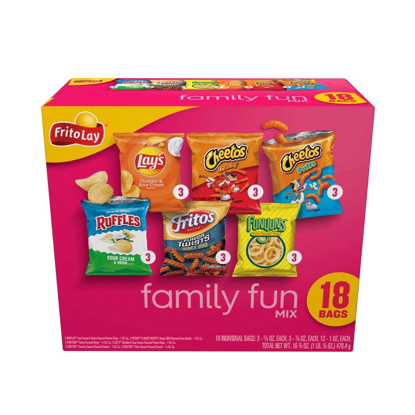 Frito-Lay Snacks Family Fun Mix Chips Variety Pack Ruffles Fritos Cheetos Lays Funyuns 18 Count(Pack of 1)(Assortment May Vary)