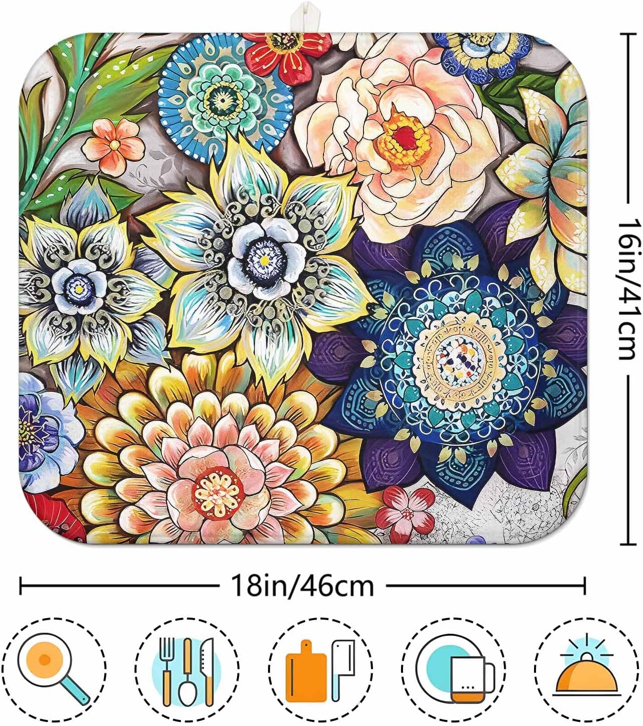 Boho Drying Mat 16" X 18" Boho Flower Kitchen Counter Stone Large Dish Drying Mats For Kitchen Counter Abstract Boho Floral Drying Mats For Home Counter Drying Mats For Dishes Table Mat Drying Mat