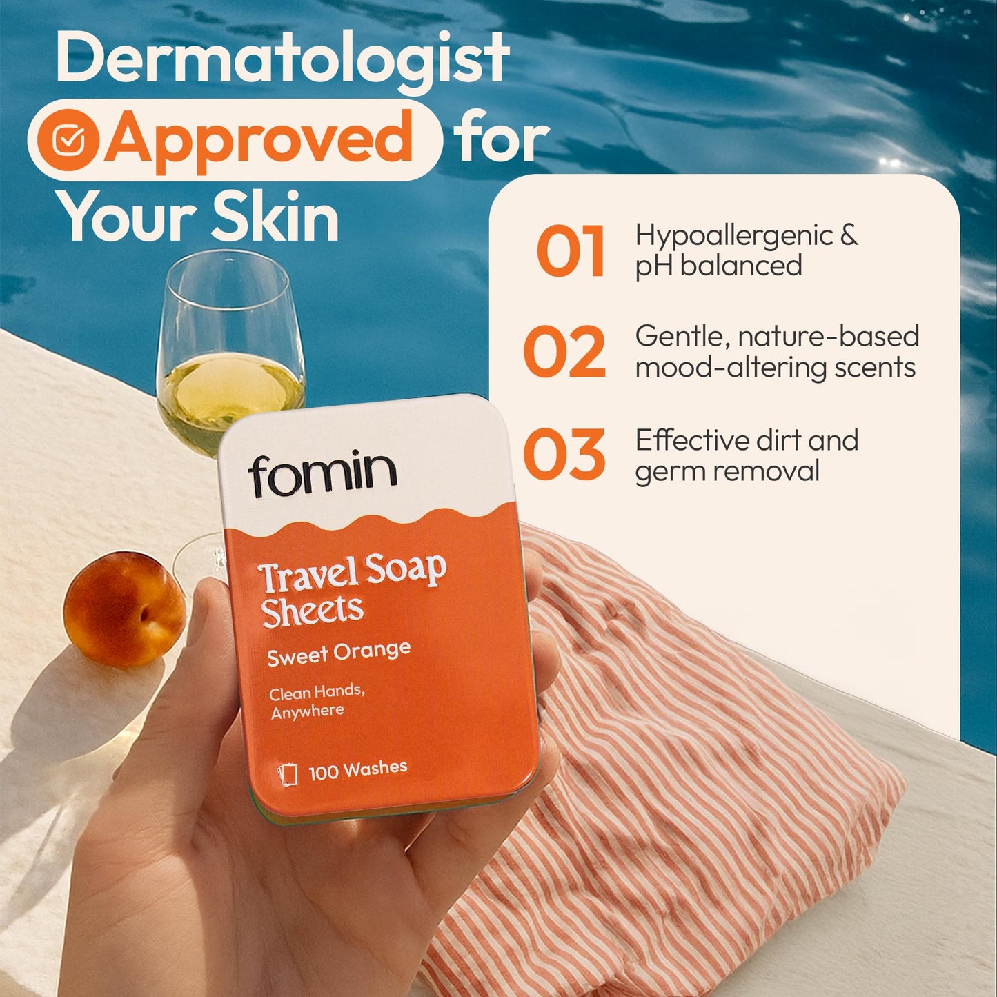 FOMIN - Antibacterial Paper Soap Sheets Tin for Traveling - (300 Sheets) Variety Pack (Unscented, Orange, Lavender) Portable Tra