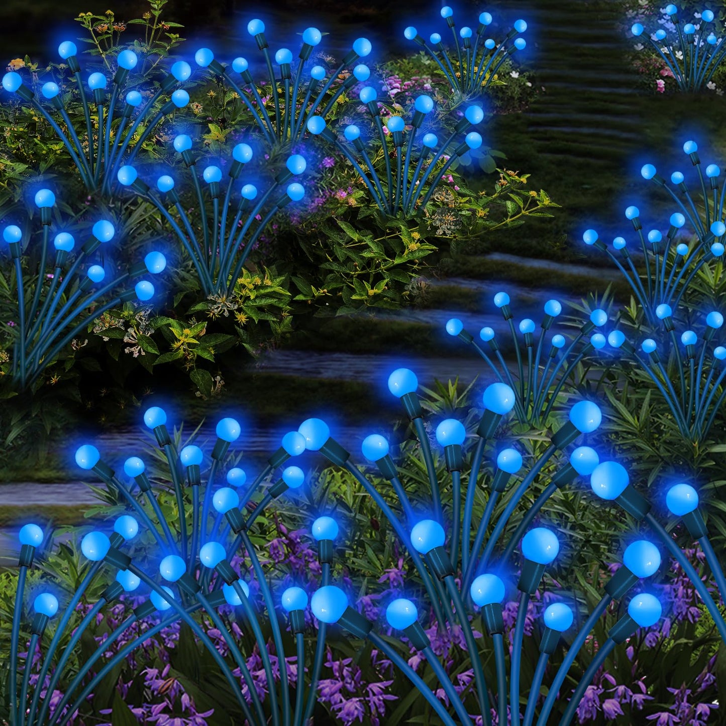 Kohlrabi Solar Garden Lights, 60 LED Blue Firefly Lights, Waterproof, 6 Pack
