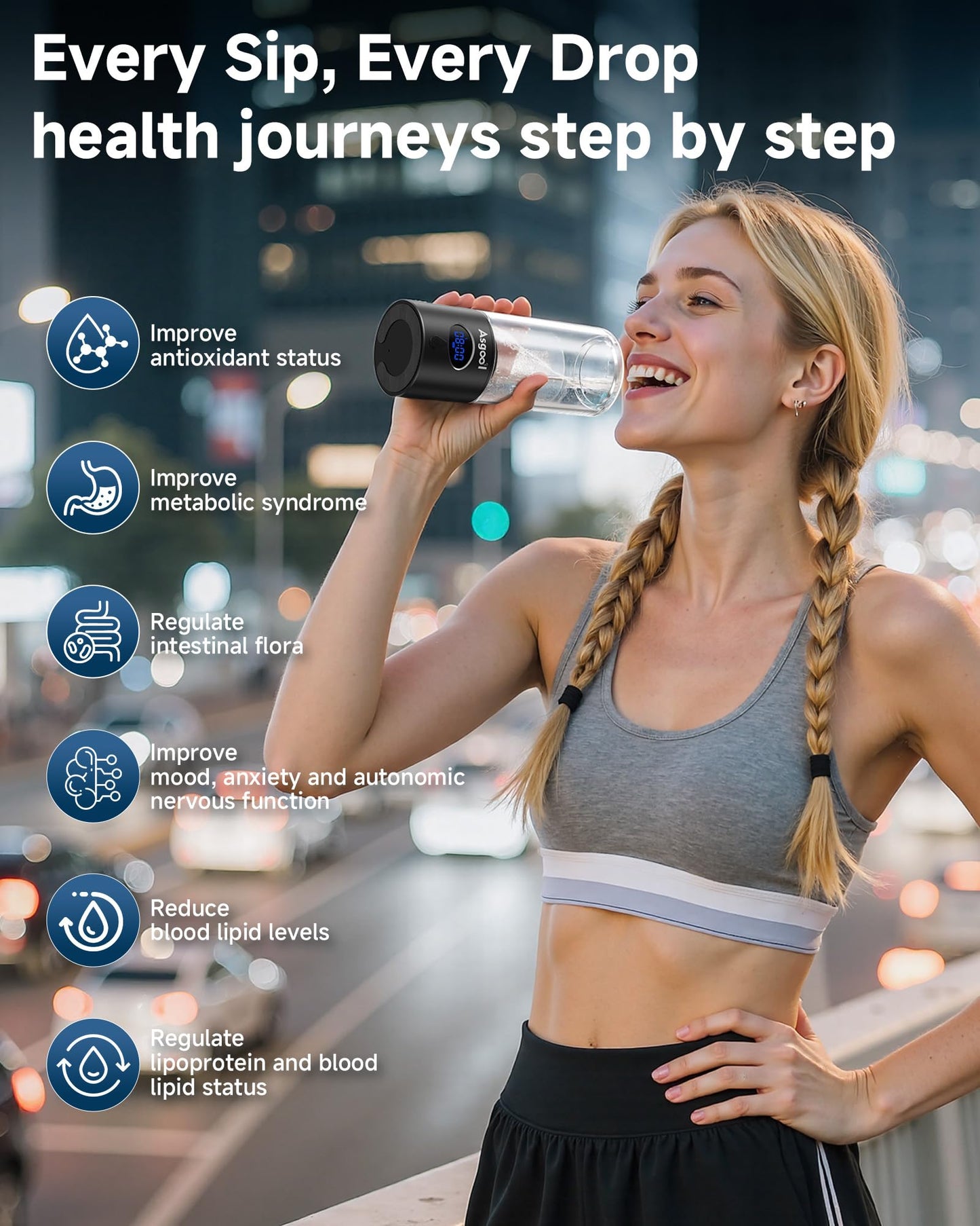 Hydrogen Water Bottle - 5000 PPB in 8 Minutes, Cyclic Mode for 8 Hours, Self Clean, Aluminum & Glass, 360ml Capacity, for Travel, Sports, Office, Home (Black)