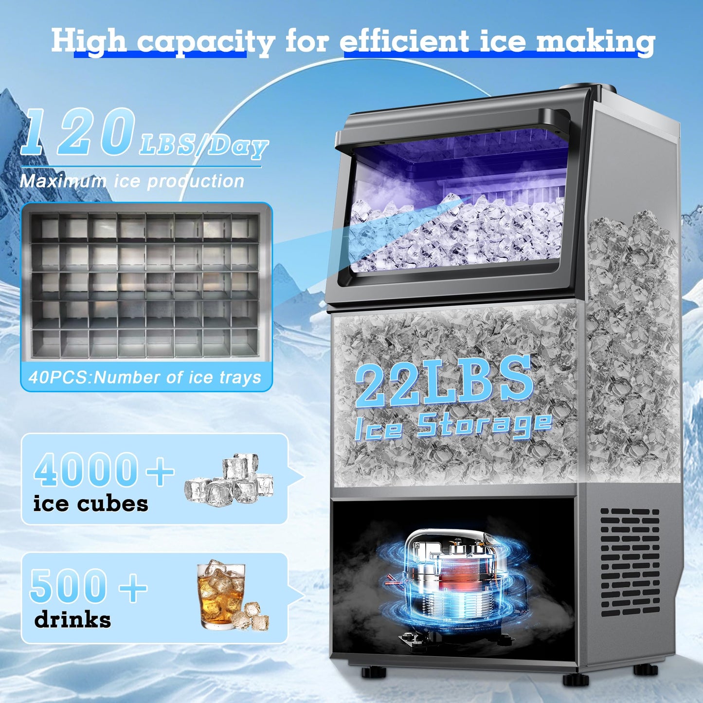 Commercial Ice Maker 120lbs/24H with 22Lbs Storage, Stainless Steel Freestanding Ice Machine 40Ice/Cycle Under Counter Ice Maker Self-Cleaning Function 2 Water Inlet Modes for Homes Bars Restaurants