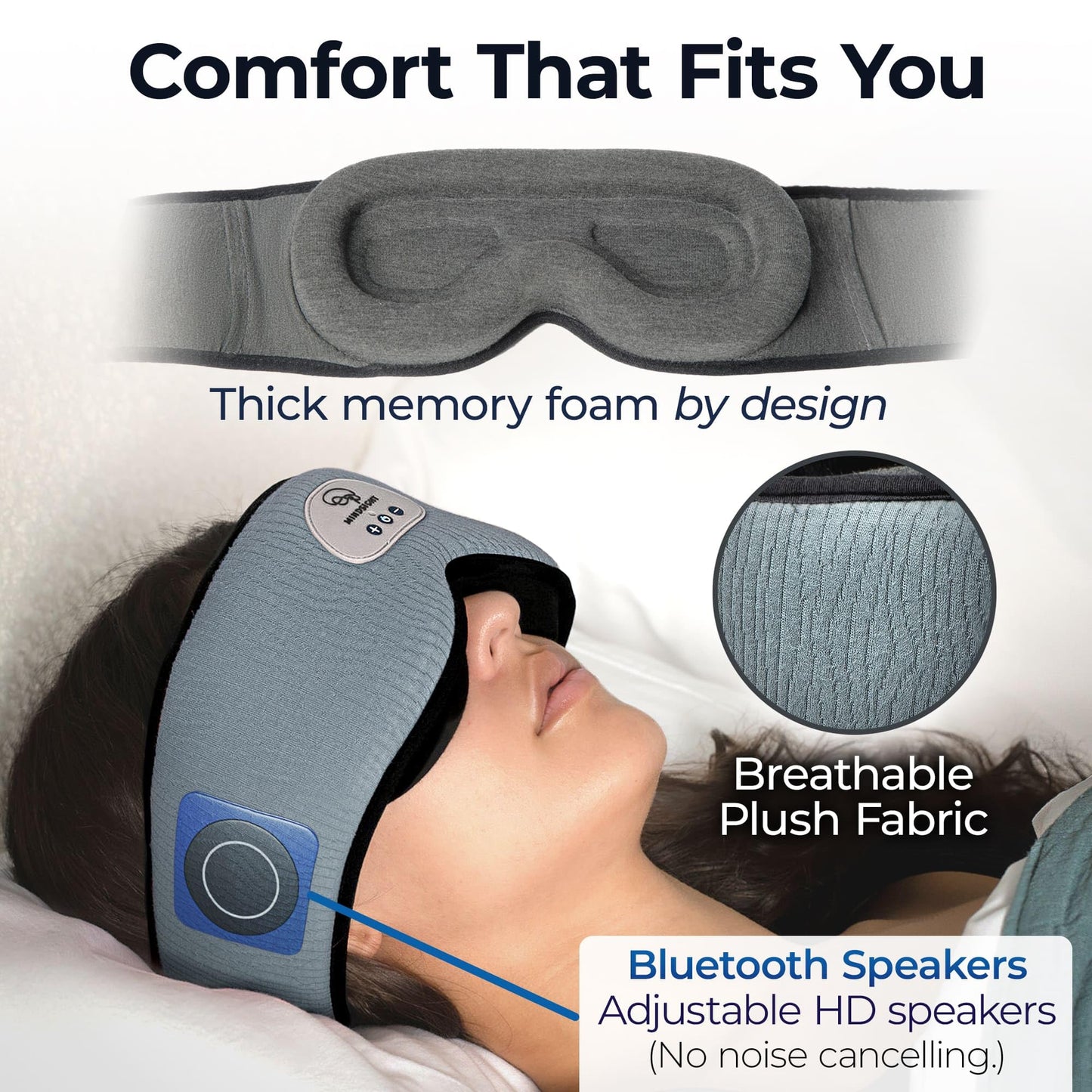 Mindsight DriftBand Sleep Mask with Bluetooth Headphones | Blackout Eye Mask with Memory Foam | Breathable Plush Fabric | Ultra-Thin Adjustable Speakers | Built for Sleep & Travel | Easy to Spot Clean
