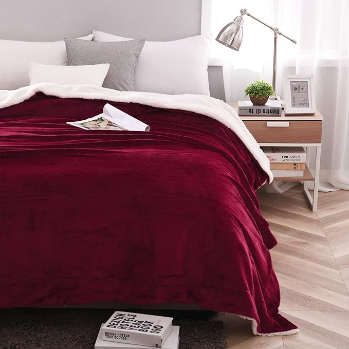 NANPIPER Sherpa Blanket Twin Thick Warm Blanket for Winter, Super Soft Fuzzy Flannel Fleece/Wool Like Reversible Velvet Plush (Wine Red, Twin Size 60"x80")