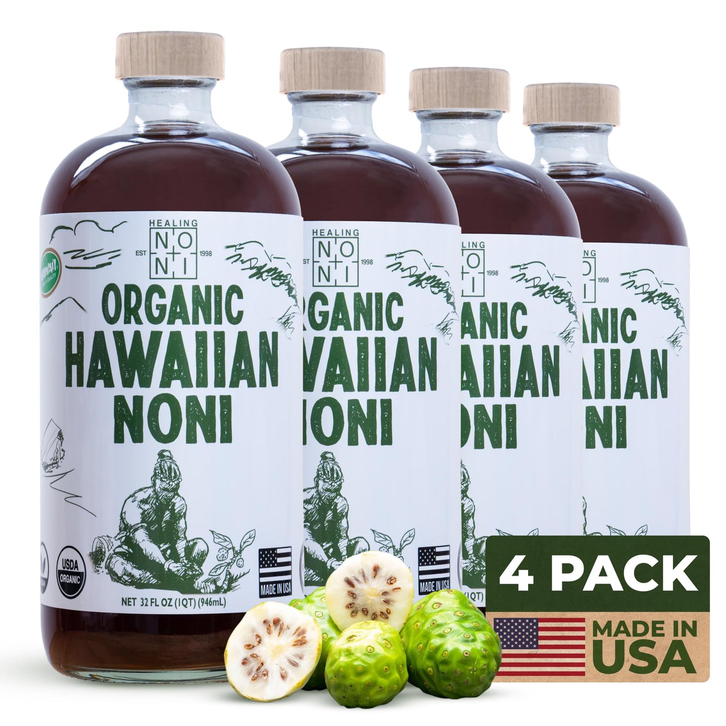 Healing Noni - 4-Pack Glass Bottle 32oz - 100% Pure Hawaiian Organic Noni Juice - All-Natural Unsweetened Fresh Fruit - Farm Dir