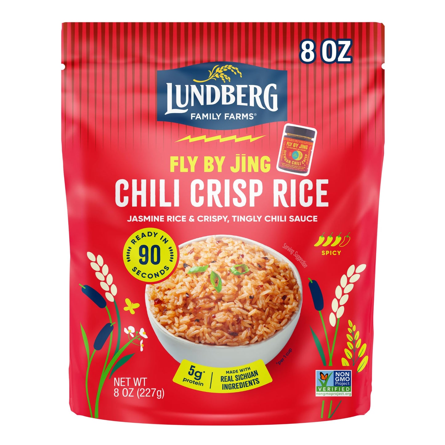 Lundberg X Fly By Jing Chili Crisp Rice - Microwave Ready in 90 Seconds Regenerative Organic Jasmine Rice with Chili Crisp Seasoning Gluten-Free 8oz Pouch