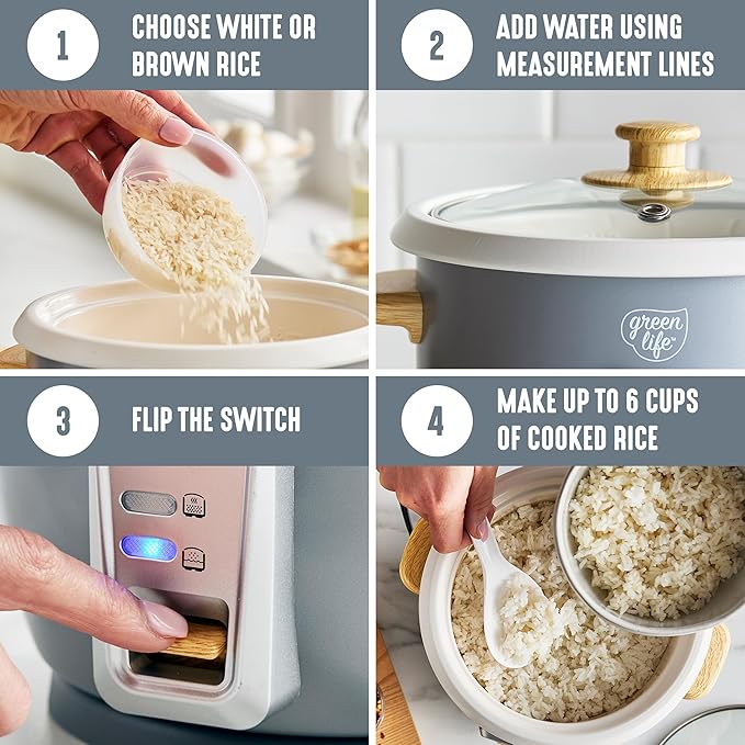 GreenLife Rice Cooker with Removable PFAS-Free Nonstick Pot, 3-Cups Uncooked/6-Cups Cooked, One-Switch Design, Auto Keep Warm Function, Soup, Grains, Oatmeal, Wood Handle, Gray