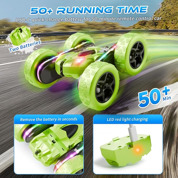 Remote Control Stunt Car – 4WD 360° Flip Double‑Sided RC Car LED Light Bar & Modular USB‑C Battery, 2.4 GHz Off‑Road Toy, Birthday for Boys Girls Ages 6‑12, Green