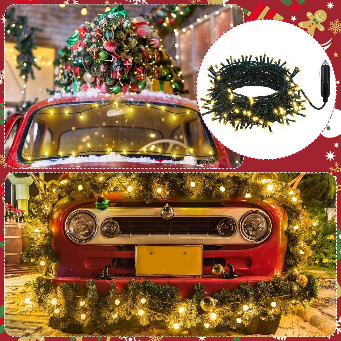 Aurelema 12V Christmas 66 Ft Car Led String Light Golf Cart Decorations Warm Yellow Light String Waterproof Atmosphere Lighting Kits For Christmas Car Accessories