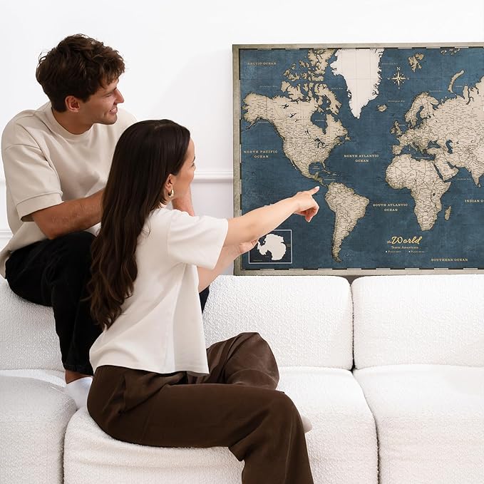Canvas World Map with Cork Pin Board - English Lettering - Decorative Wall Decoration for All Rooms - Canvas Pictures with World Map Motif (70x50 cm, Pattern 18)