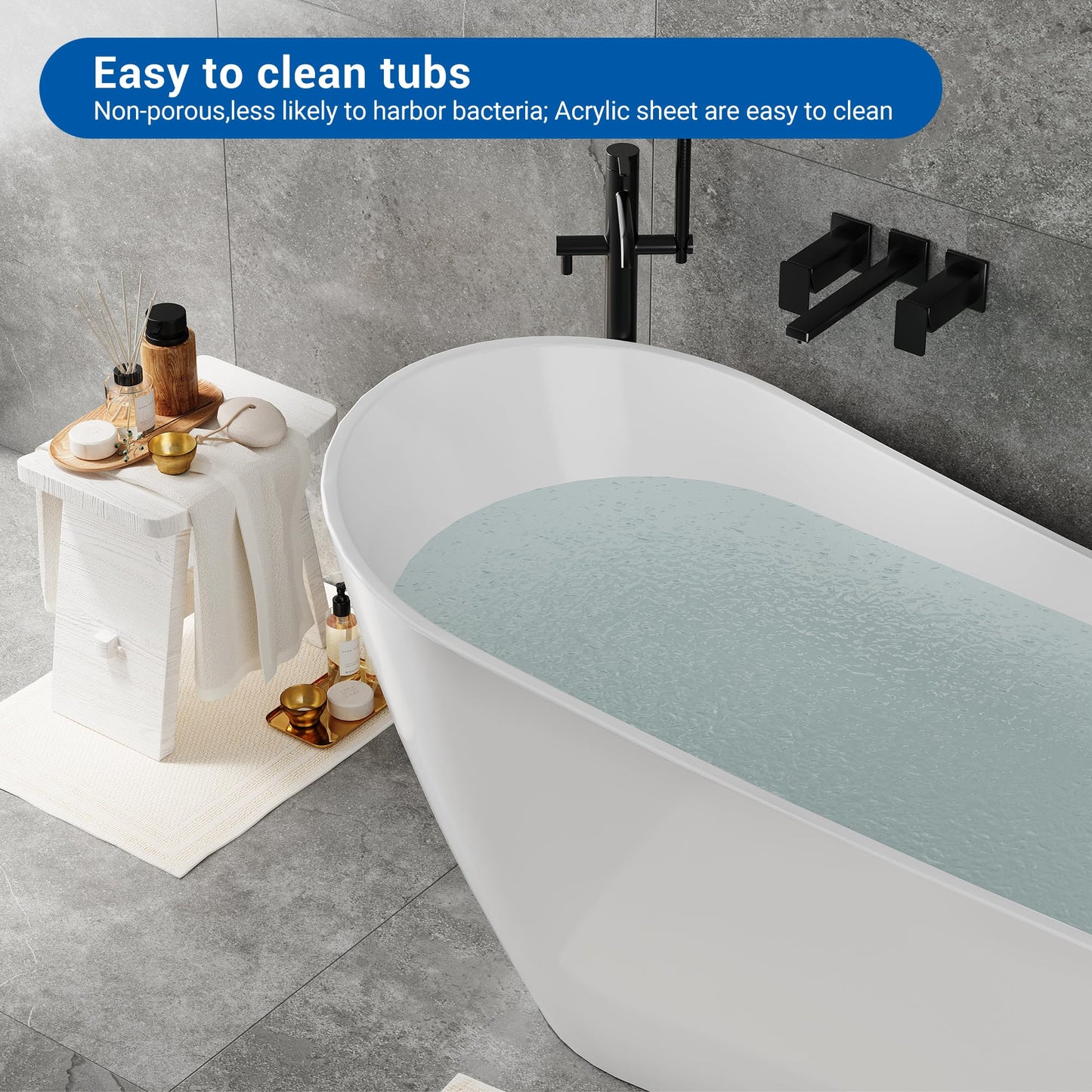 67" Acrylic Freestanding Bathtub, Modern Free Stand Bathtub with Chrome Drain & Overflow, Home Spa, Glossy White